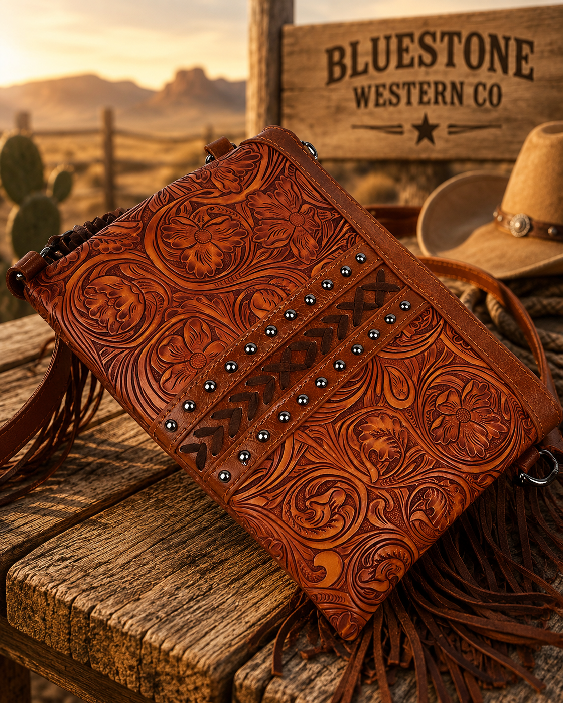Brown Tooled Western Crossbody Bag