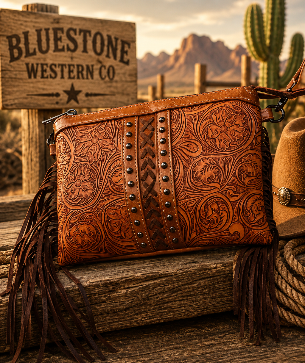Brown Tooled Western Crossbody Bag