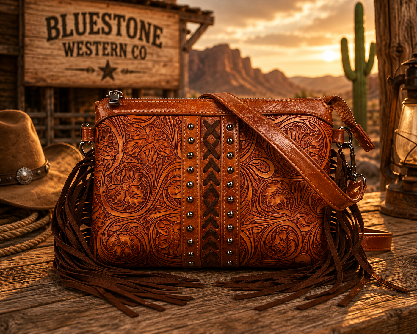 Brown Tooled Western Crossbody Bag