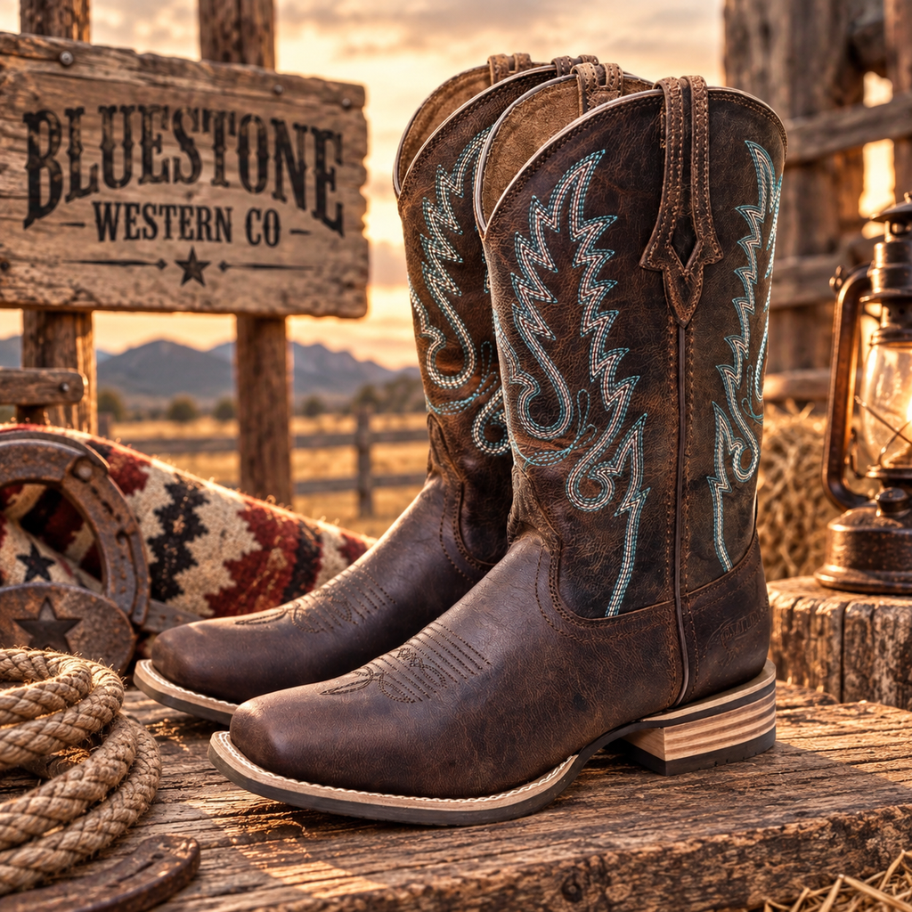 High Plains Genuine Leather Western Cowboy Boots – Distressed Brown & Turquoise
