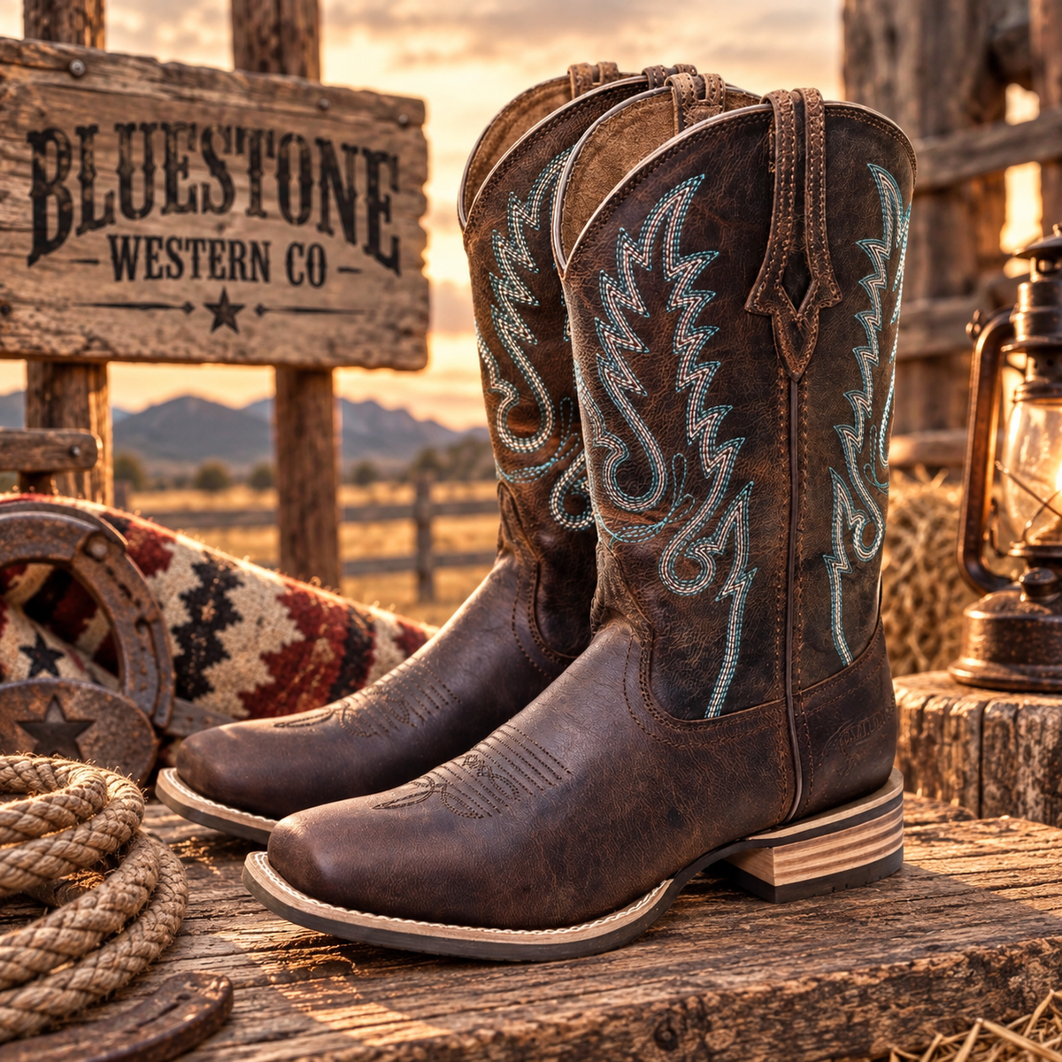High Plains Genuine Leather Western Cowboy Boots – Distressed Brown & Turquoise
