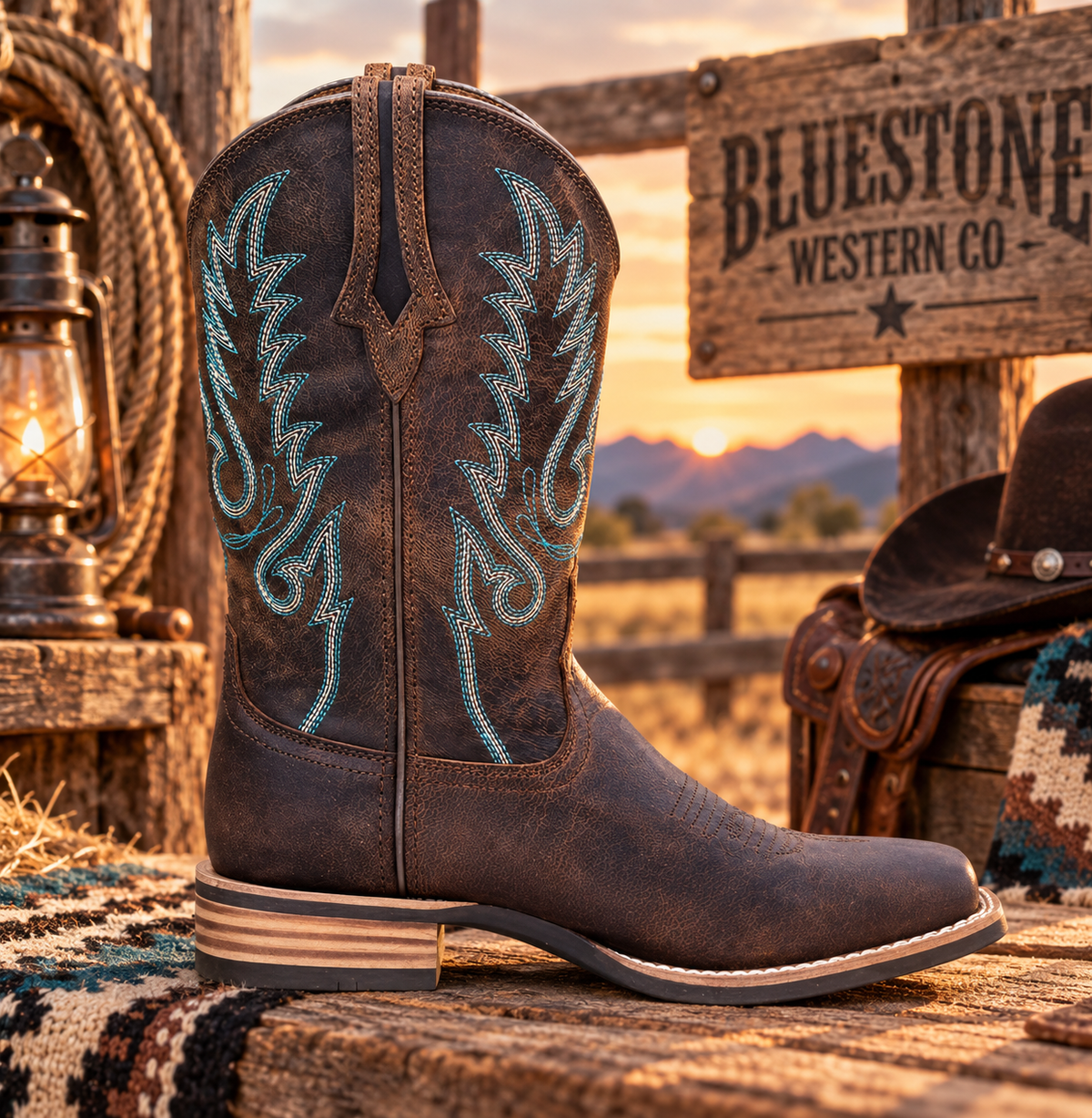 High Plains Genuine Leather Western Cowboy Boots – Distressed Brown & Turquoise