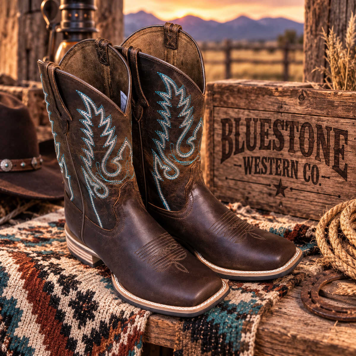 High Plains Genuine Leather Western Cowboy Boots – Distressed Brown & Turquoise