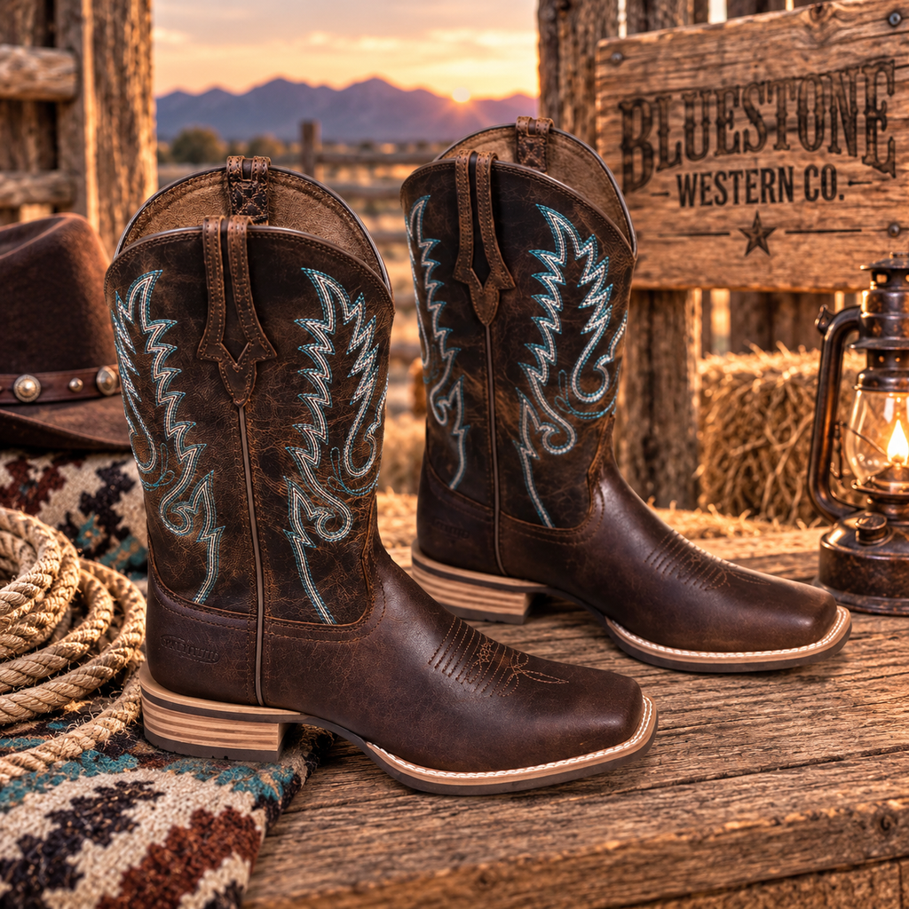 High Plains Genuine Leather Western Cowboy Boots – Distressed Brown & Turquoise