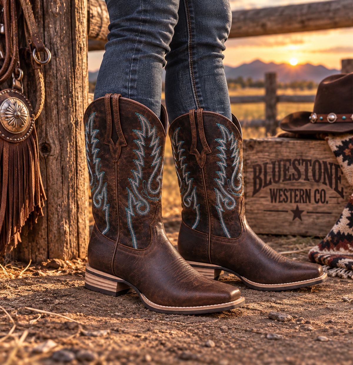 High Plains Genuine Leather Western Cowboy Boots – Distressed Brown & Turquoise