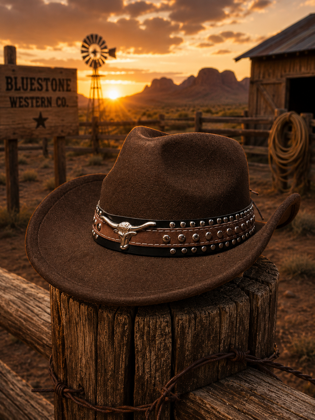Frontier Longhorn Western Hat Set – Brown & Black Matching Cowboy Hats