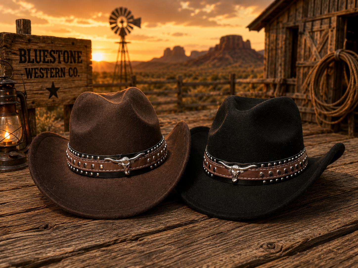 Frontier Longhorn Western Hat Set – Brown & Black Matching Cowboy Hats